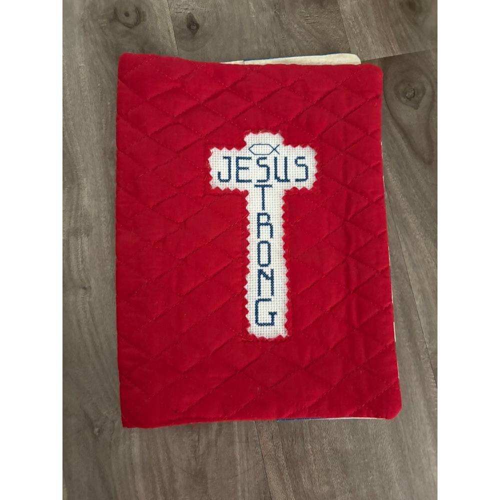 Handmade Vintage Quilted Bible Cover Cross Jesus Strong Red white blue